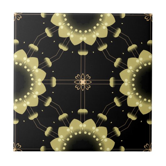 Luminous Gold Black Arabesque Geometric Mandala Fliese (Vorderseite)