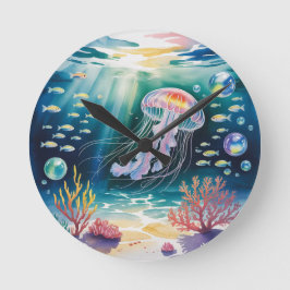 Luminous Jellyfish Underwater Scene Runde Wanduhr