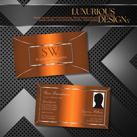 Luminous Orange Silver Decke mit Monogramm und Fot Visitenkarte