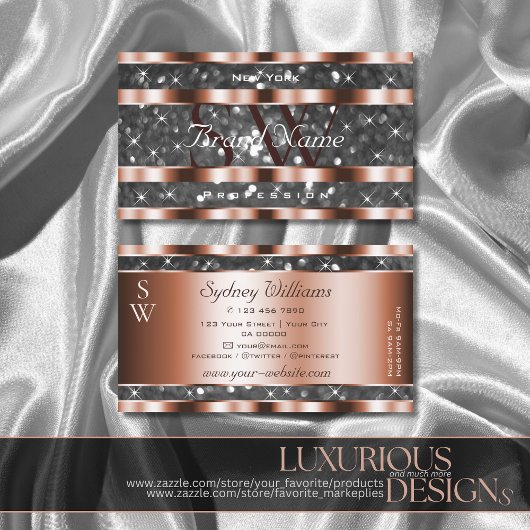 Luminous Rose Gold Silver Glitter Stars Monogram Visitenkarte