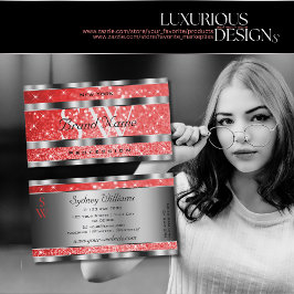 Luminous Ruby Red Glitzer Stars Initials Silver Visitenkarte