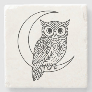 Luna-Eule-Linienkunst mit zunehmendem Mond Steinuntersetzer