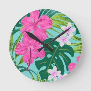 Luna Hibiscus Garten Hawaiian - Pink und Türkis Runde Wanduhr