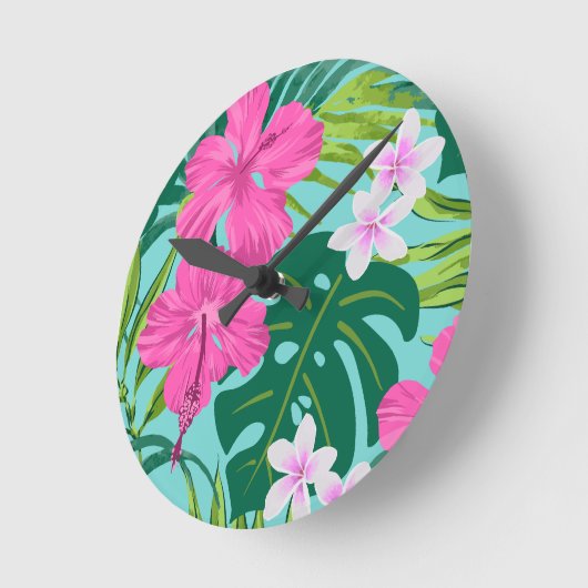 Luna Hibiskus Garden Hawaiian - Pink und Turq Runde Wanduhr (Winkel)