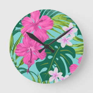 Luna Hibiskus Garden Hawaiian - Pink und Turq Runde Wanduhr