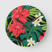 Luna Hibiskus Garden Hawaiian - Rot und Schwarz Runde Wanduhr (Vorderseite)