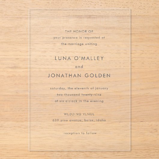 Luna Modern Wedding Acryleinladungen (Vorderseite)