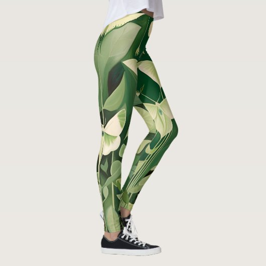 Luna Moth and Blume - Grün und Creme Leggings (Rechts)