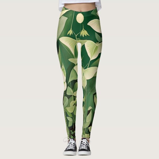 Luna Moth and Blume - Grün und Creme Leggings (Vorderseite)