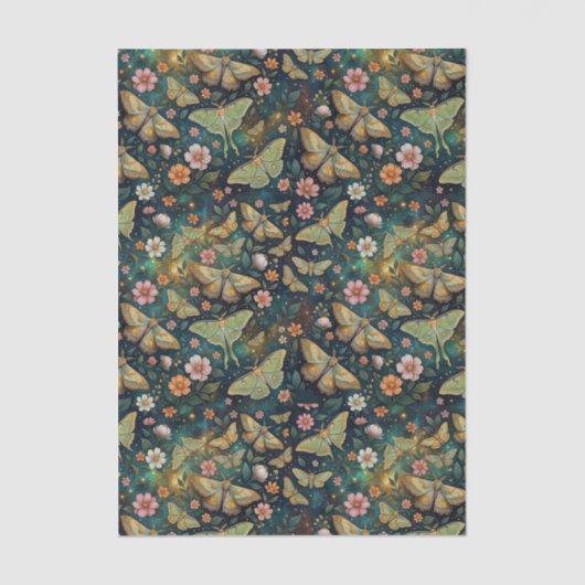 Luna Moth and Moon, Celestial Floral Repeat Seidenpapier (Vorderseite)