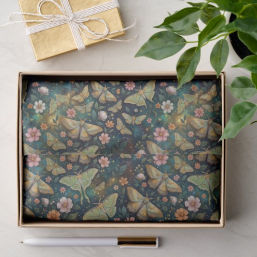Luna Moth and Moon, Celestial Floral Repeat Seidenpapier (Geschenk)