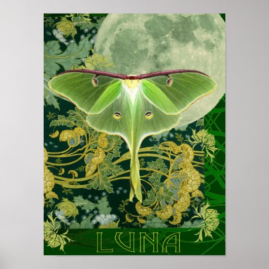 Luna Moth and Moon Poster, Green Nature Collage Po Poster (Vorne)
