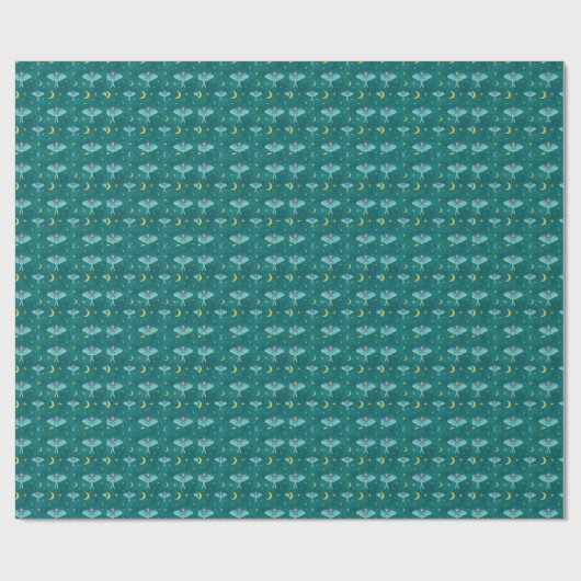 Luna Moth Celestial Moons & Stars Aquamarin Geschenkpapier (Flach)