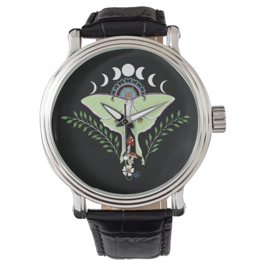 Luna Moth Moon Phases Black Armbanduhr (Vorderseite)