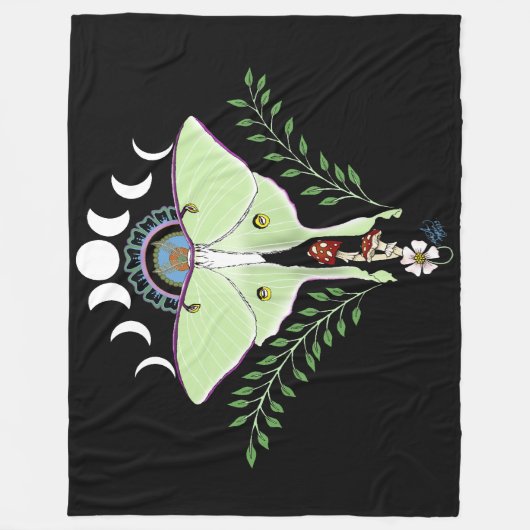 Luna Moth Moon Phases Black Fleecedecke (Vorderseite)