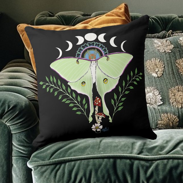 Luna Moth Moon Phases Black Kissen (Von Creator hochgeladen)