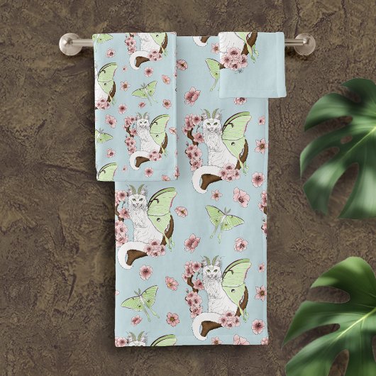 Luna Moth Moon White Cat Green Badhandtuch Set