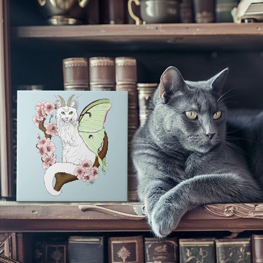 Luna Moth Moon White Cat Green Fliese