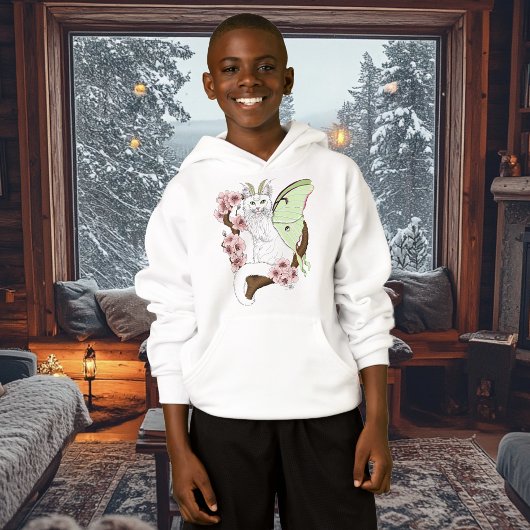 Luna Moth Moon White Cat Green Hoodie