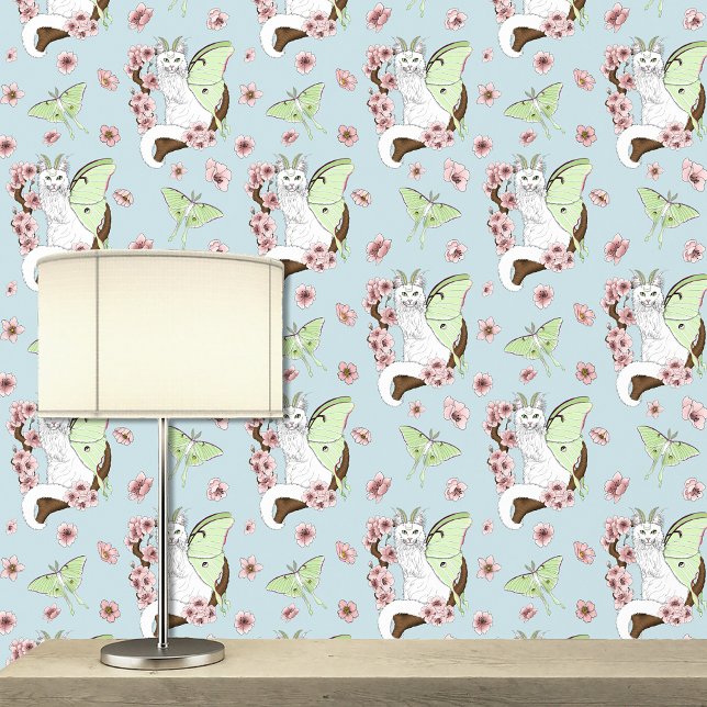 Luna Moth Moon White Cat Green Tapete (Von Creator hochgeladen)