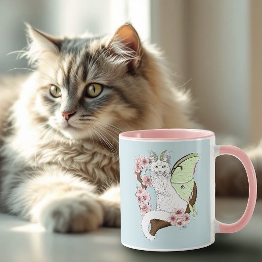 Luna Moth Moon White Cat Green Tasse