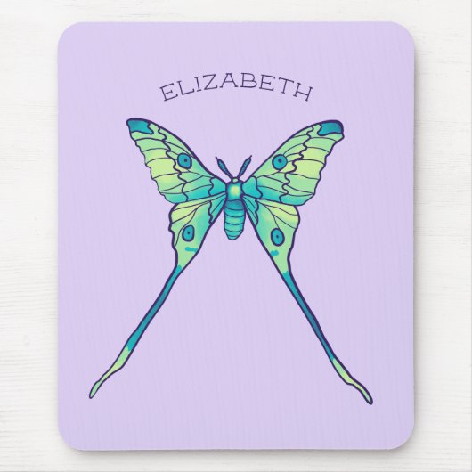 Luna Moth Schmetterling Insektengrün lila Name Mousepad (Vorne)