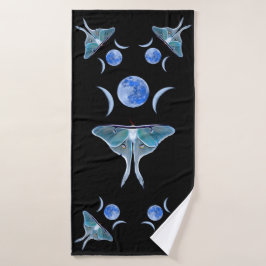 Luna Moth Triple Moon auf schwarz Badhandtuch Set