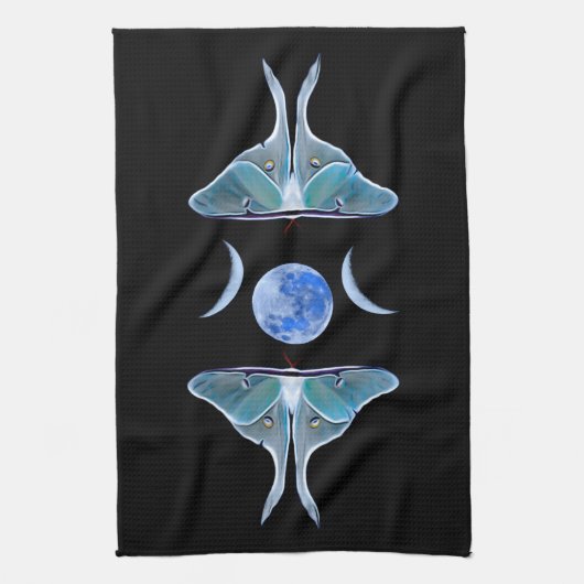 Luna Moth Triple Moon auf schwarz Geschirrtuch (Vertikal)