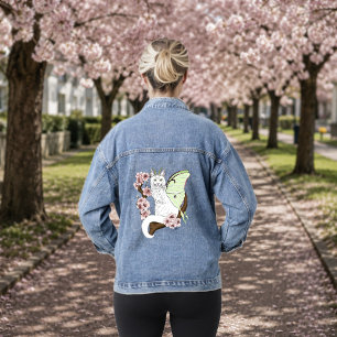 Luna-Motte Mond Weiße Katze Grün Jeansjacke