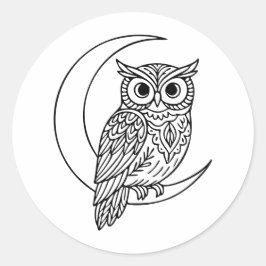 Luna Owl Line Art with Crescent Moon Runder Aufkleber