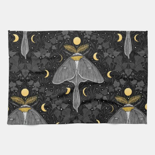 Lunamotte, Mondphasen und Efeu-Damast-Muster Geschirrtuch (Horizontal)