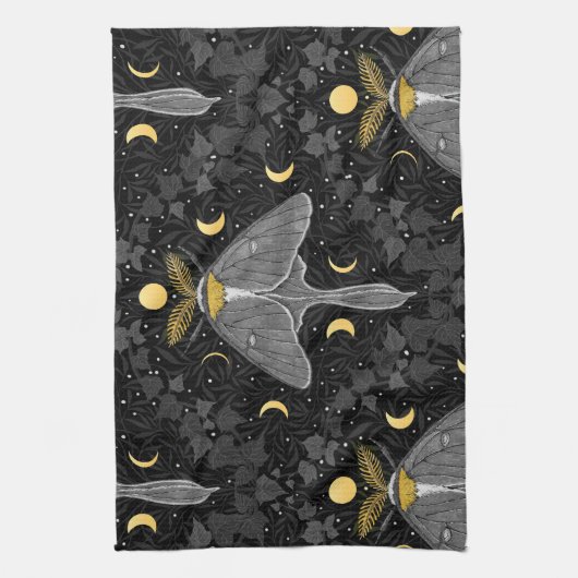 Lunamotte, Mondphasen und Efeu-Damast-Muster Geschirrtuch (Vertikal)