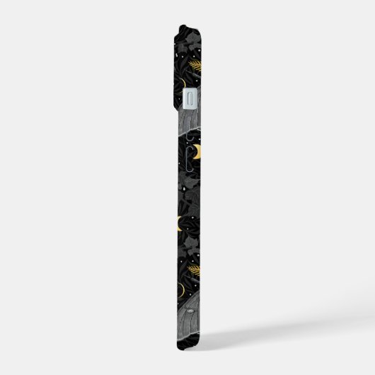 Lunamotte, Mondphasen und Efeu-Damast-Muster iPhone 15 Hülle (Linke Seite)