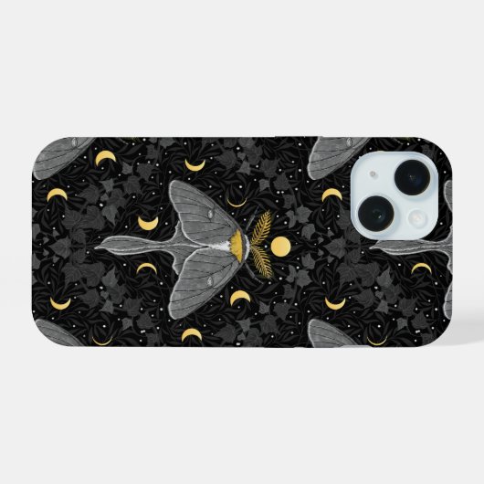 Lunamotte, Mondphasen und Efeu-Damast-Muster iPhone 15 Hülle (Rückseite (Horizontal))