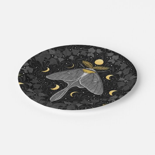 Lunamotte, Mondphasen und Efeu-Damast-Muster Pappteller (Schrägansicht)