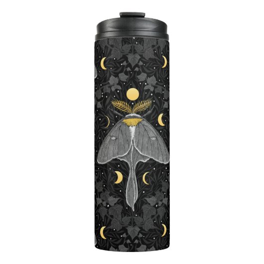 Lunamotte, Mondphasen und Efeu-Damast-Muster Thermosbecher (Vorderseite)