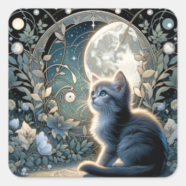 Lunar Blossom Art Nouveau Kitten Quadratischer Aufkleber