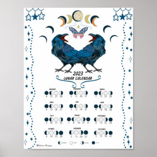 LUNAR CALENDAR 2023, Crow Moon, Wicca Hexenmond Poster