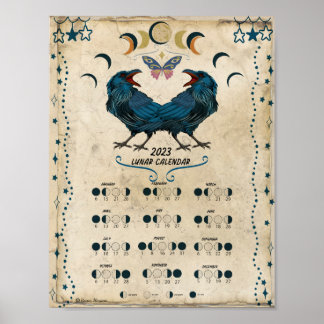 LUNAR CALENDAR 2023, Crow Moon, Wicca Hexenmond Poster