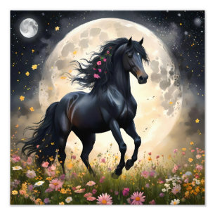 Lunar Elegance: Schwarzes Fantasy - Pferd mit dem  Fotodruck