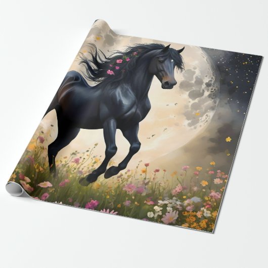 Lunar Elegance: Schwarzes Fantasy - Pferd mit dem  Geschenkpapier (Ungerollt)