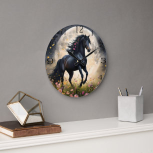 Lunar Elegance: Schwarzes Fantasy - Pferd mit dem Große Wanduhr