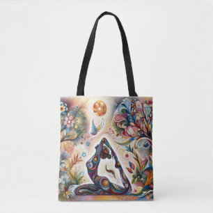 Lunar Harmony Yoga Posen im Garten mit Blume Tasche