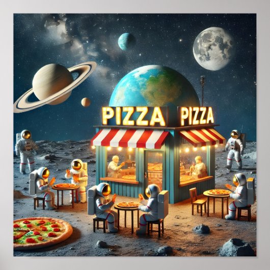 Lunar Pizza Shop Kunstwerk Weltraumthema Poster (Vorne)