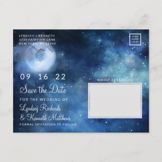 Lunar Sky Full Moon Celestial Galaxy Save the Date Ankündigungspostkarte (Rückseite)