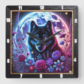 Lunar Wolf und Blumendesign Quadratische Wanduhr (Vorderseite)