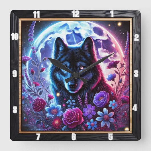 Lunar Wolf und Blumendesign Quadratische Wanduhr (Vorderseite)