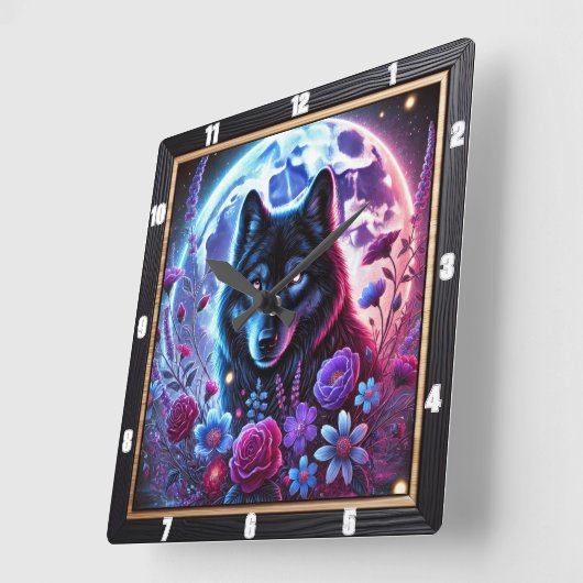 Lunar Wolf und Blumendesign Quadratische Wanduhr (Winkel)