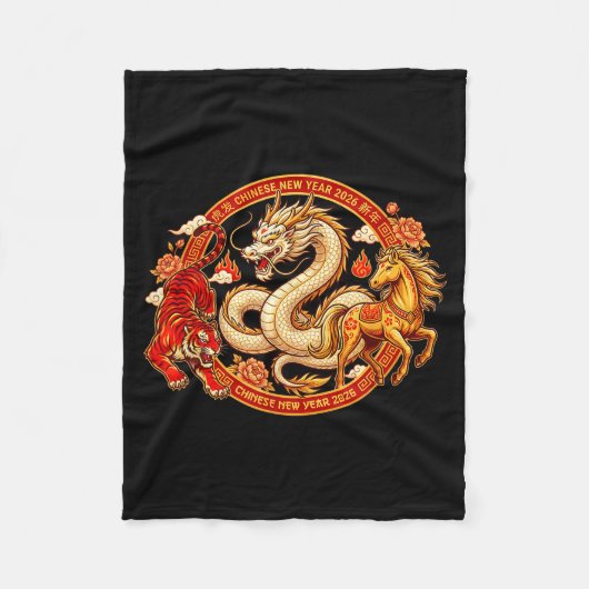 Lunar Zodiac Dragon Tiger Horse Harmony Chinese Ne Fleecedecke (Vorderseite)