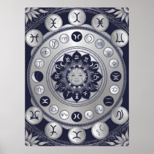 Lunar Zodiac Mandala - Moon Phases Astrologie Art Poster